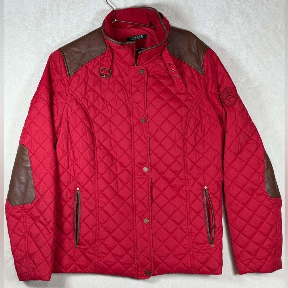 Ralph Lauren XL Quilted Red Equestrian Jacket with Brown Leather Accents Homage